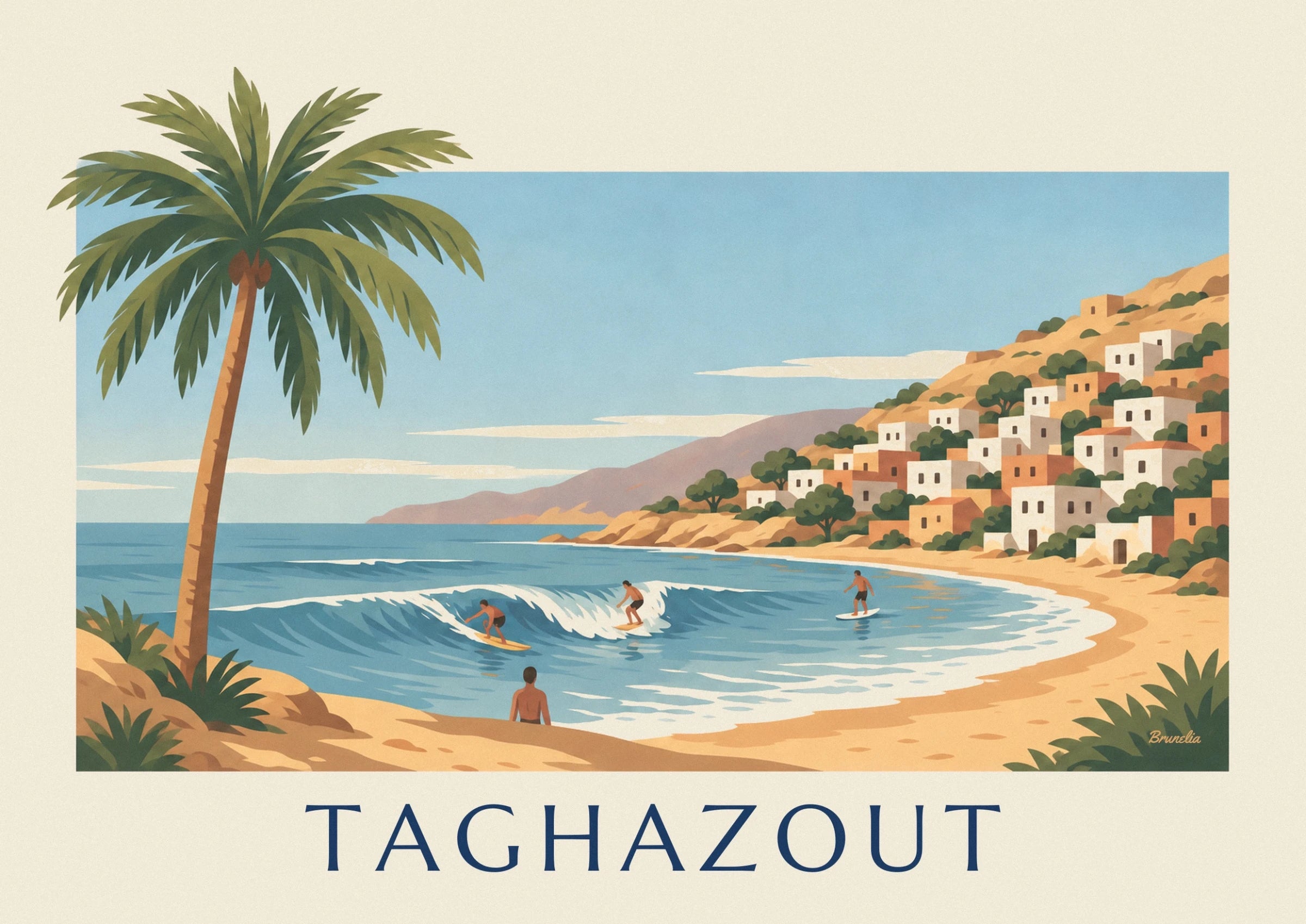 Les 2 surfeurs sur une vague blanche, devant les collines de la baie de Taghazout