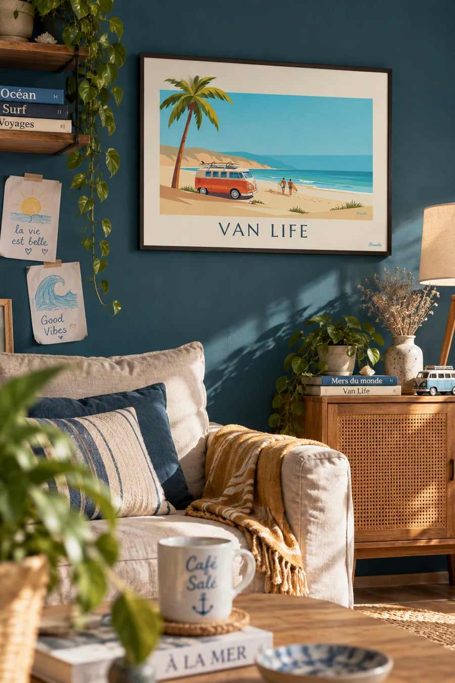 Affiche van aménagé et surfeurs sous les palmiers au couchant : encadrée au mur