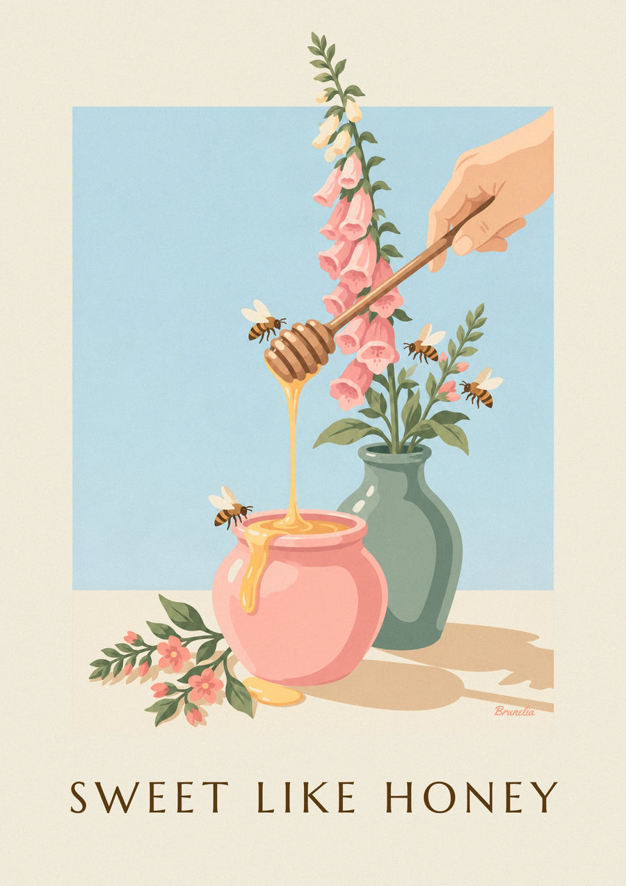 Poster goldener Honigtopf, Holzlöffel und Bienen