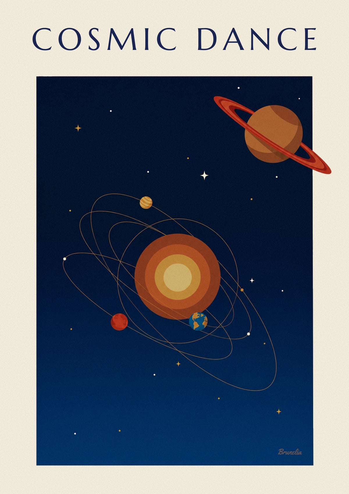 Poster Saturn und Planeten auf Umlaufbahnen um die Sonne vor nachtblauem Hintergrund