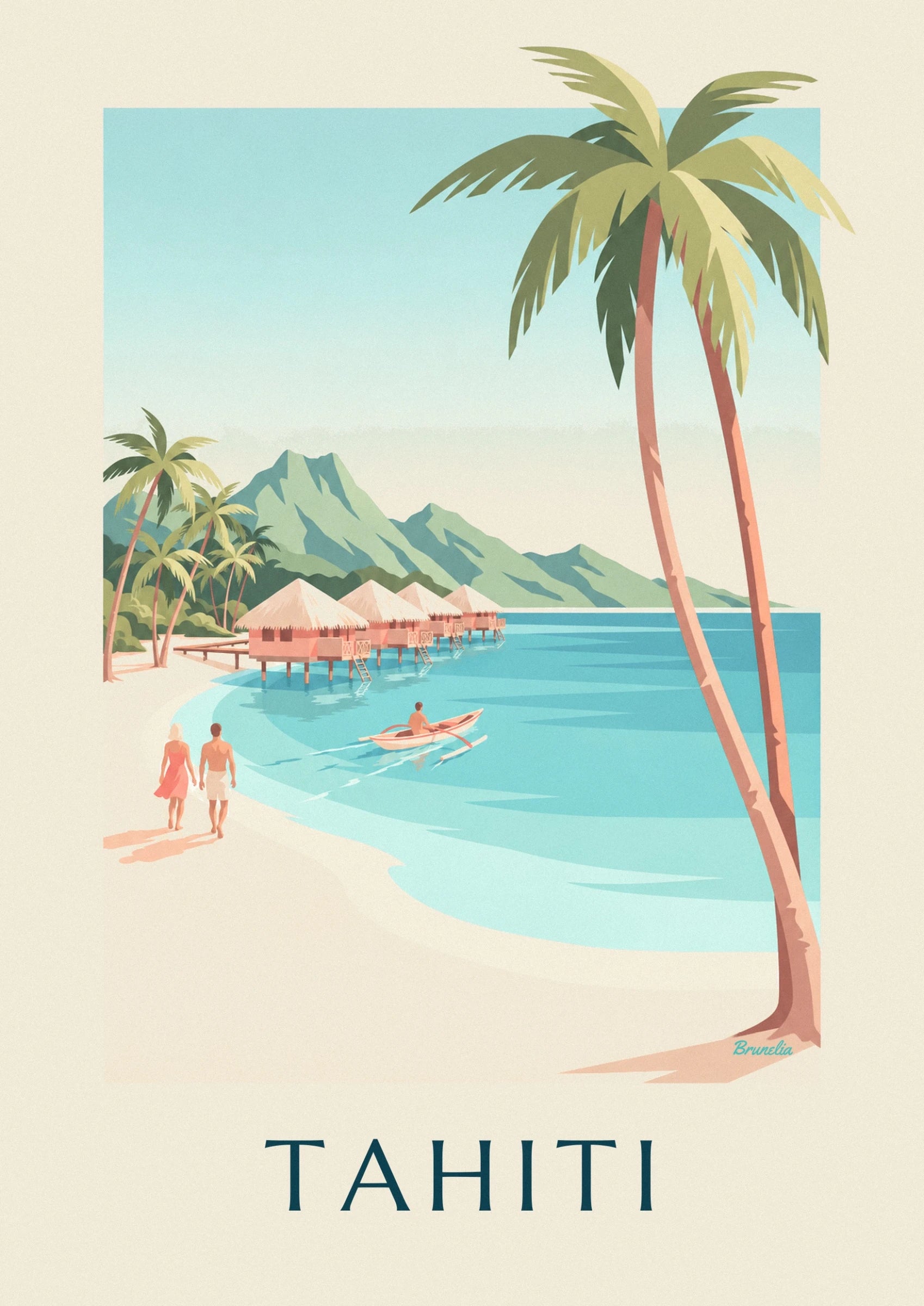 Un couple de dos au bord du lagon, en robe corail et short blanc sur le sable clair