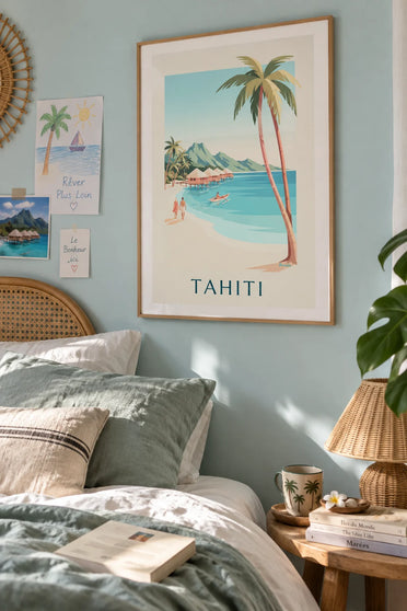 Tahiti tropical lagoon poster with overwater bungalows: framed on the wall