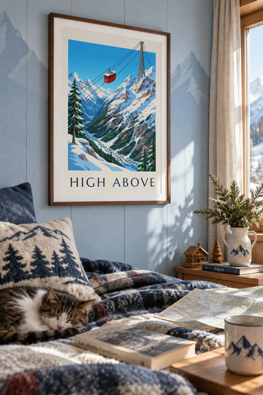 Poster of a red cable car cabin above snowy mountains: framed on the wall