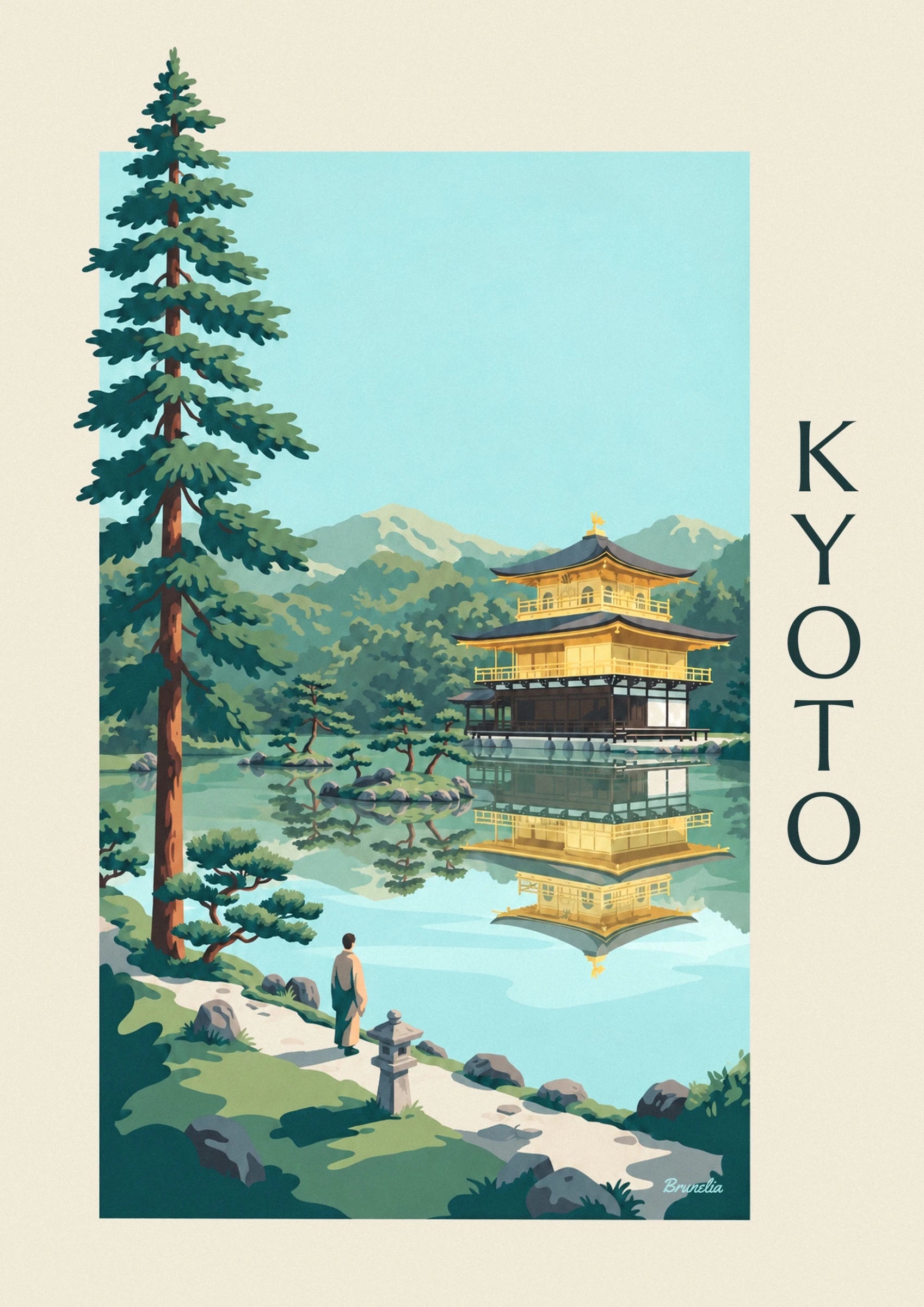 The golden pavilion of Kyoto, its dark roofs and its reflection in the pond