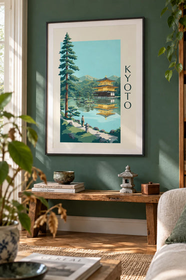 Poster Gouden Paviljoen Kinkaku-ji in Kyoto: ingelijst aan de muur