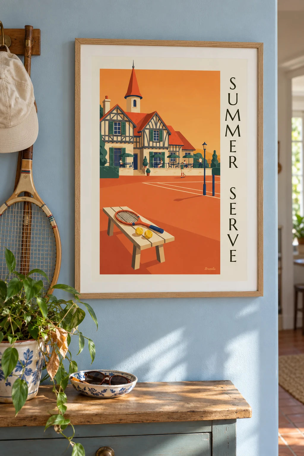 Half-timbered tennis clubhouse and clay court poster on the wall