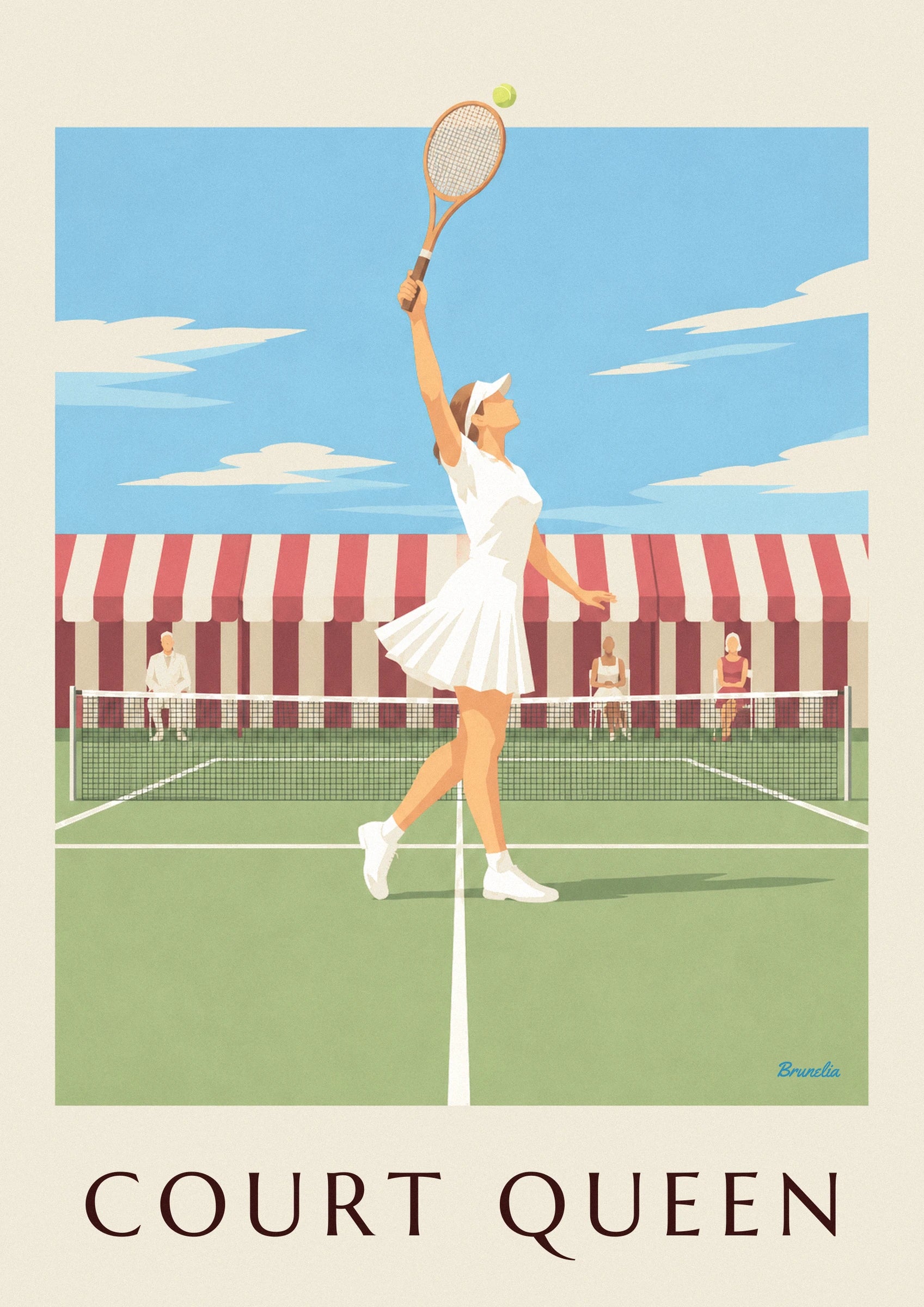 Affiche joueuse de tennis en jupe plissée et visière sur gazon : détail en gros plan