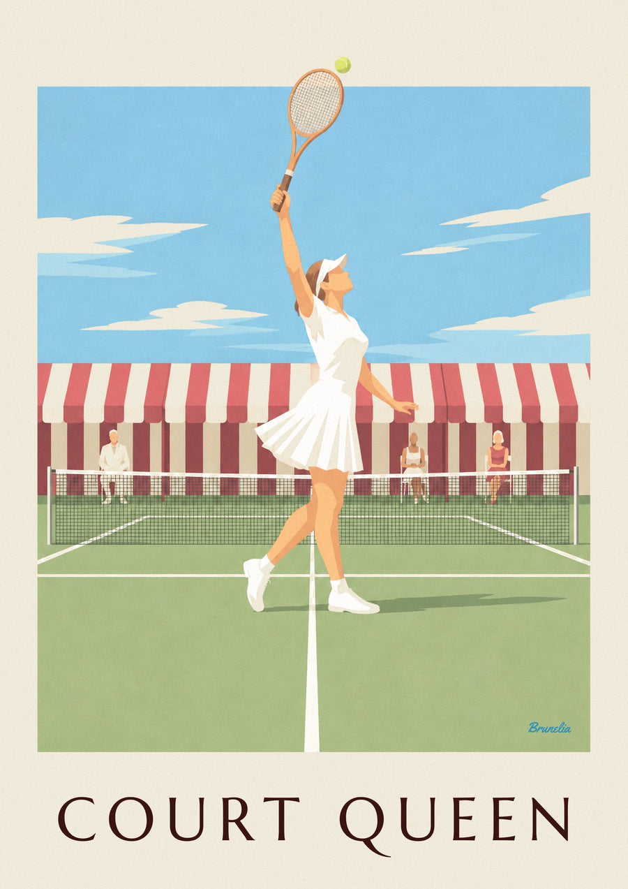 Affiche joueuse de tennis en jupe plissée et visière sur gazon