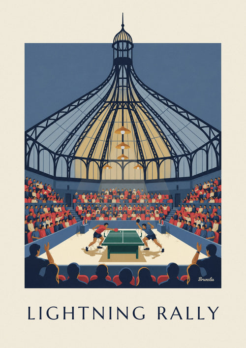 Affiche match de tennis de table sous une verrière illuminée : l'affiche entière