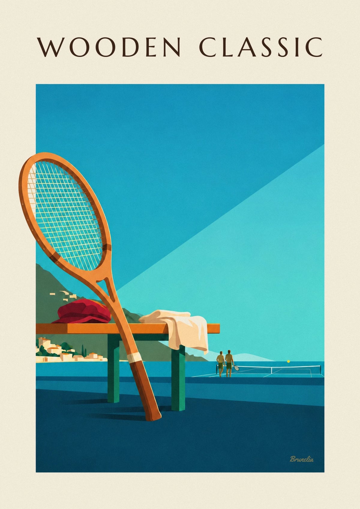Affiche raquette de tennis en bois au bord d'un court face à la mer