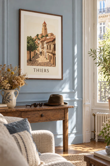 Poster vakwerkhuizen in het oude Thiers in de Auvergne: ingelijst aan de muur