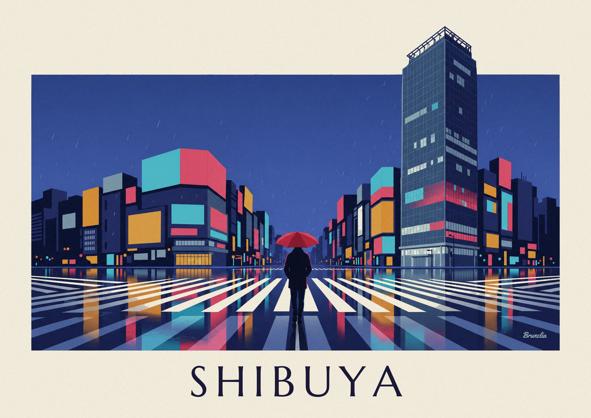 Rainy night Shibuya crossing poster