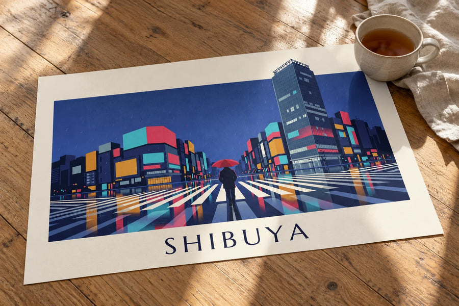 Poster van de zebrapad van Shibuya 's nachts in de regen: op een tafel