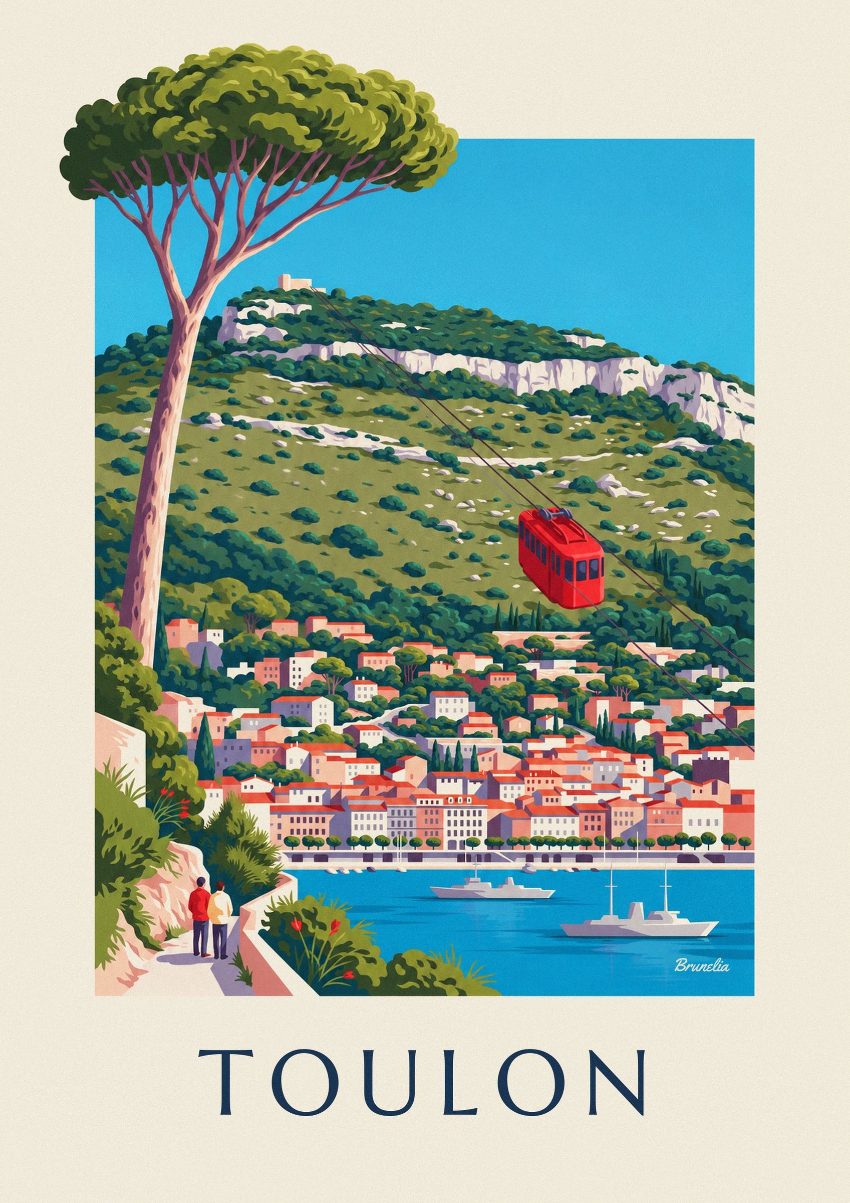 Poster kabelbaan van de Mont Faron boven Toulon: detail in close-up