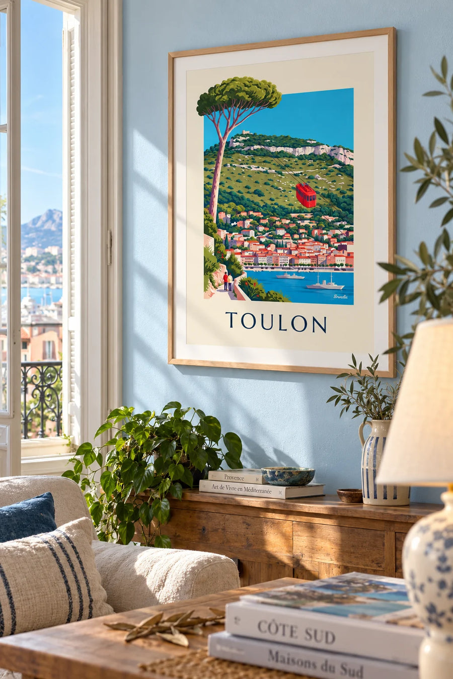 Poster kabelbaan van de Mont Faron boven Toulon: ingelijst aan de muur