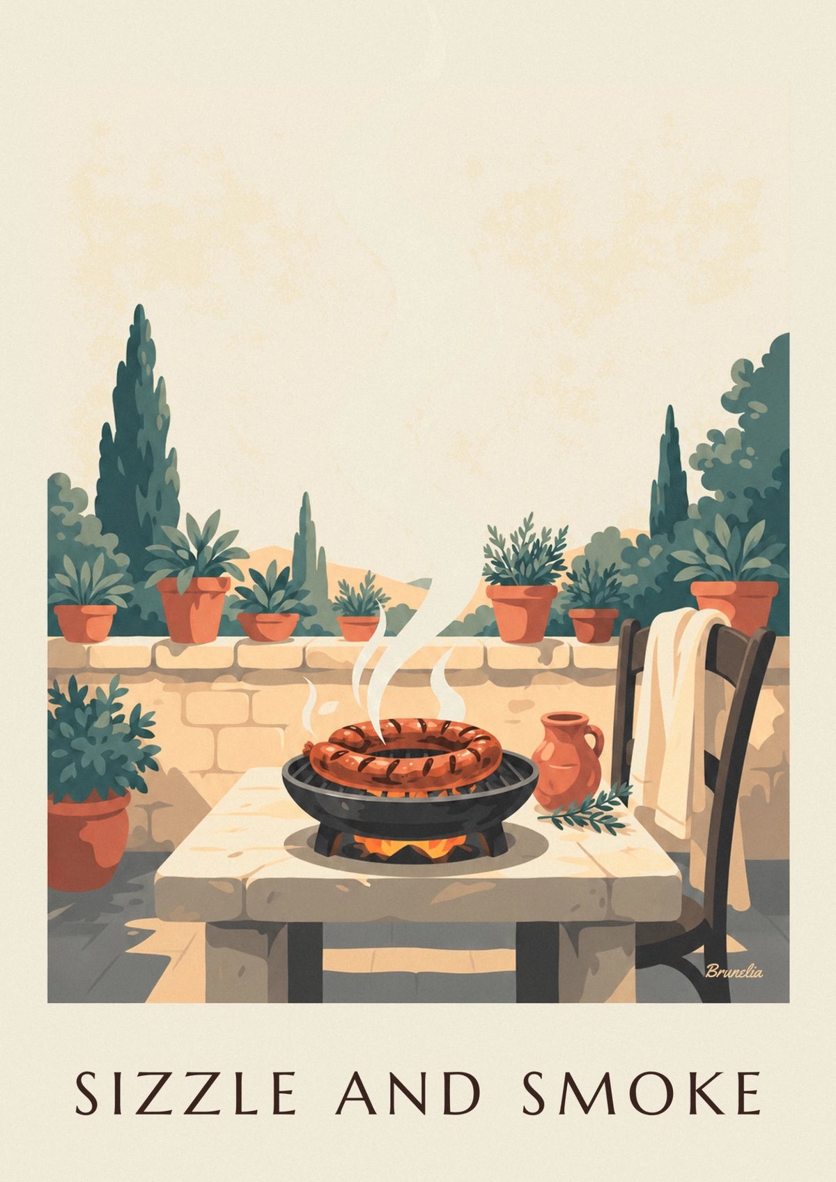 Toulouse sausage grilling over embers on a terrace poster