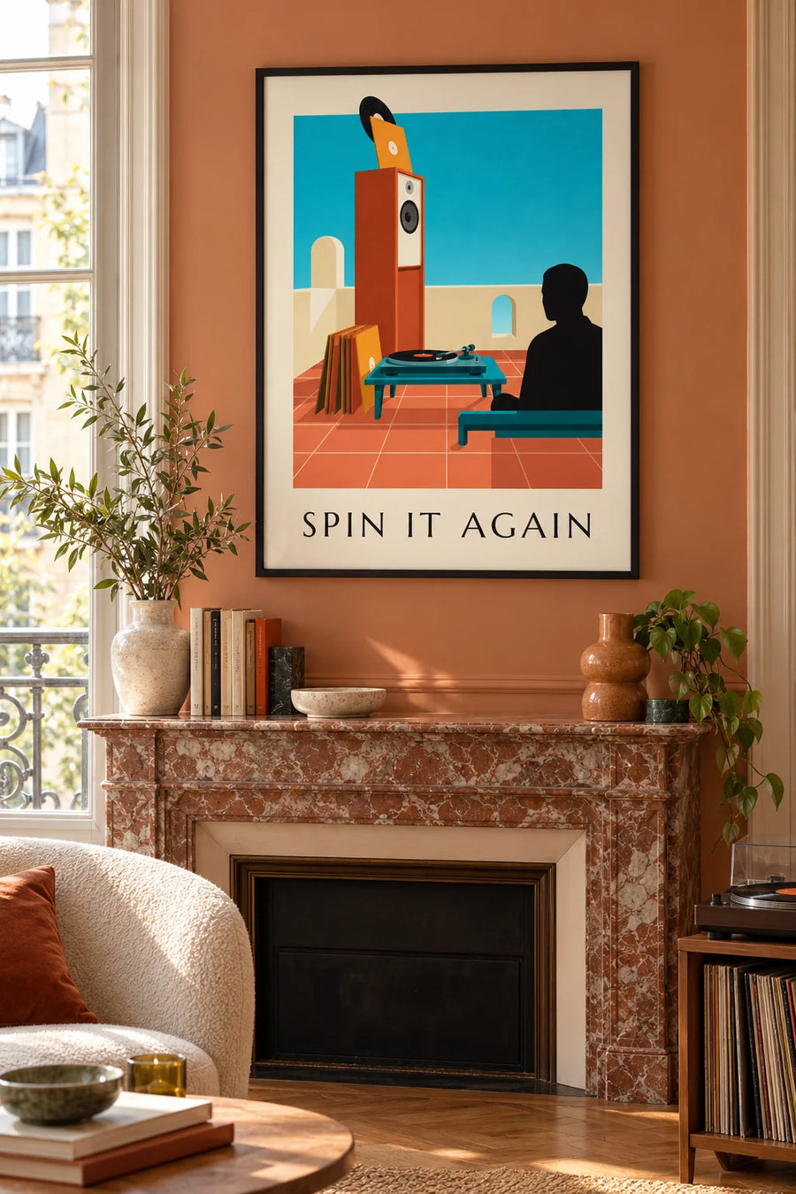 Poster van een draaitafel met draaiende vinylplaat: ingelijst aan de muur