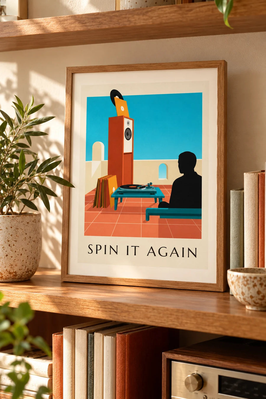 Poster platenspeler en draaiende vinylplaat: klein formaat A4, ingelijst