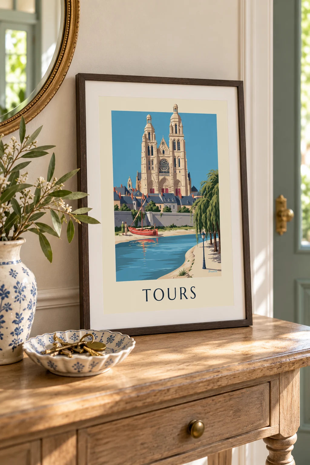 Affiche cathédrale de Tours et bords de Loire : petit format A4 encadré