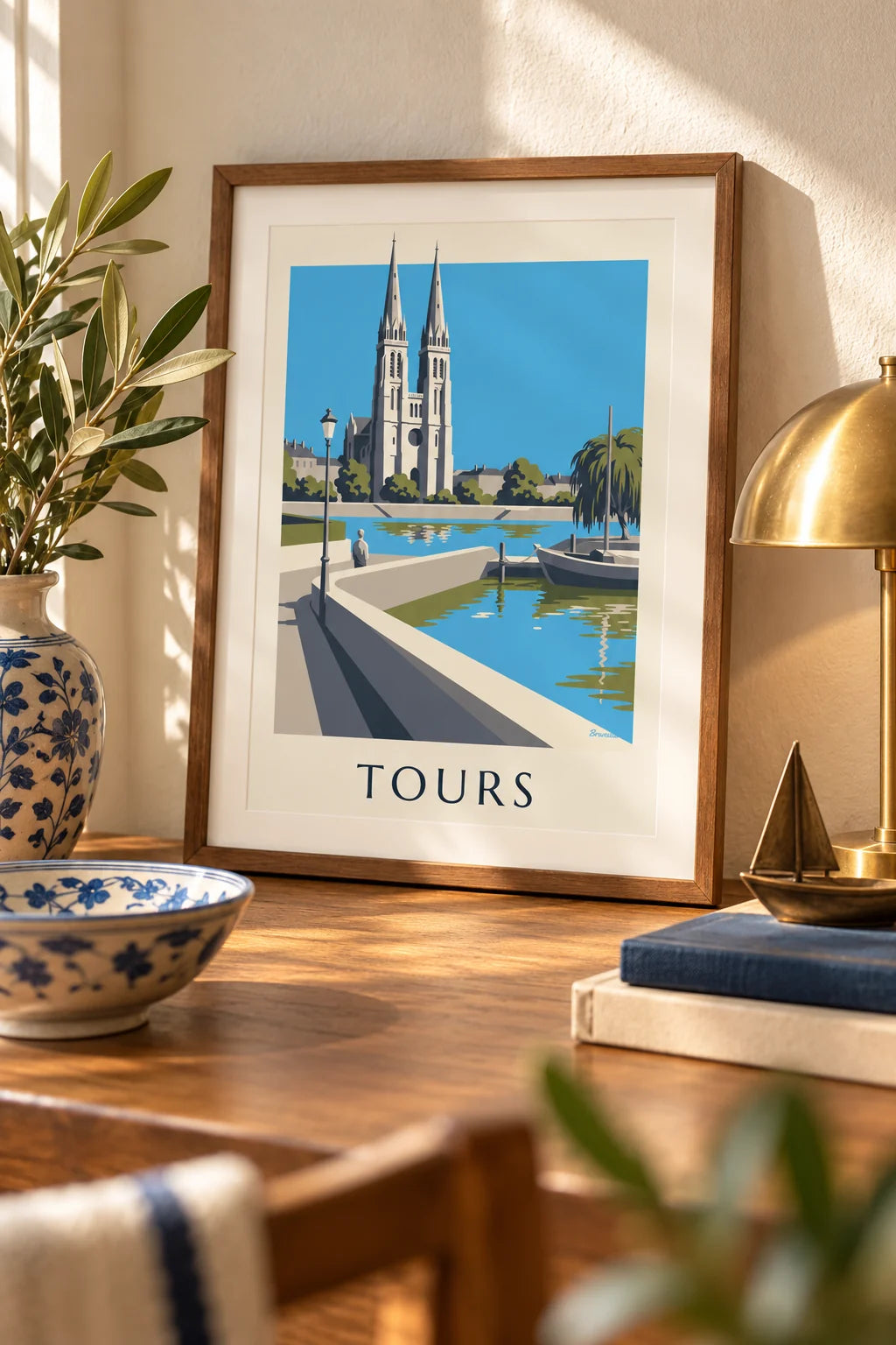 Affiche cathédrale de Tours et bords de Loire : petit format A4 encadré