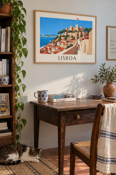 Poster van het Sint-Joriskasteel en de daken van Alfama in Lissabon: ingelijst aan de muur