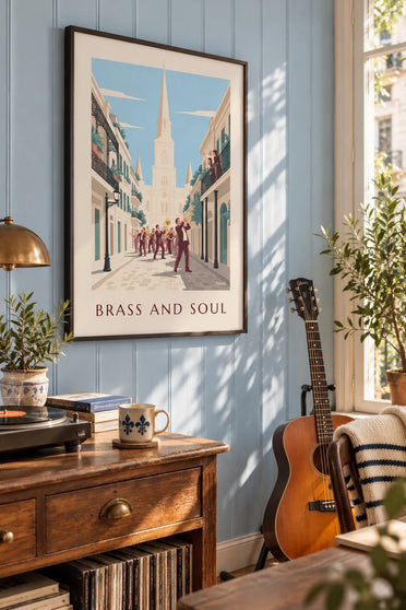 Affiche fanfare de jazz dans le Quartier français de La Nouvelle-Orléans : encadrée au mur
