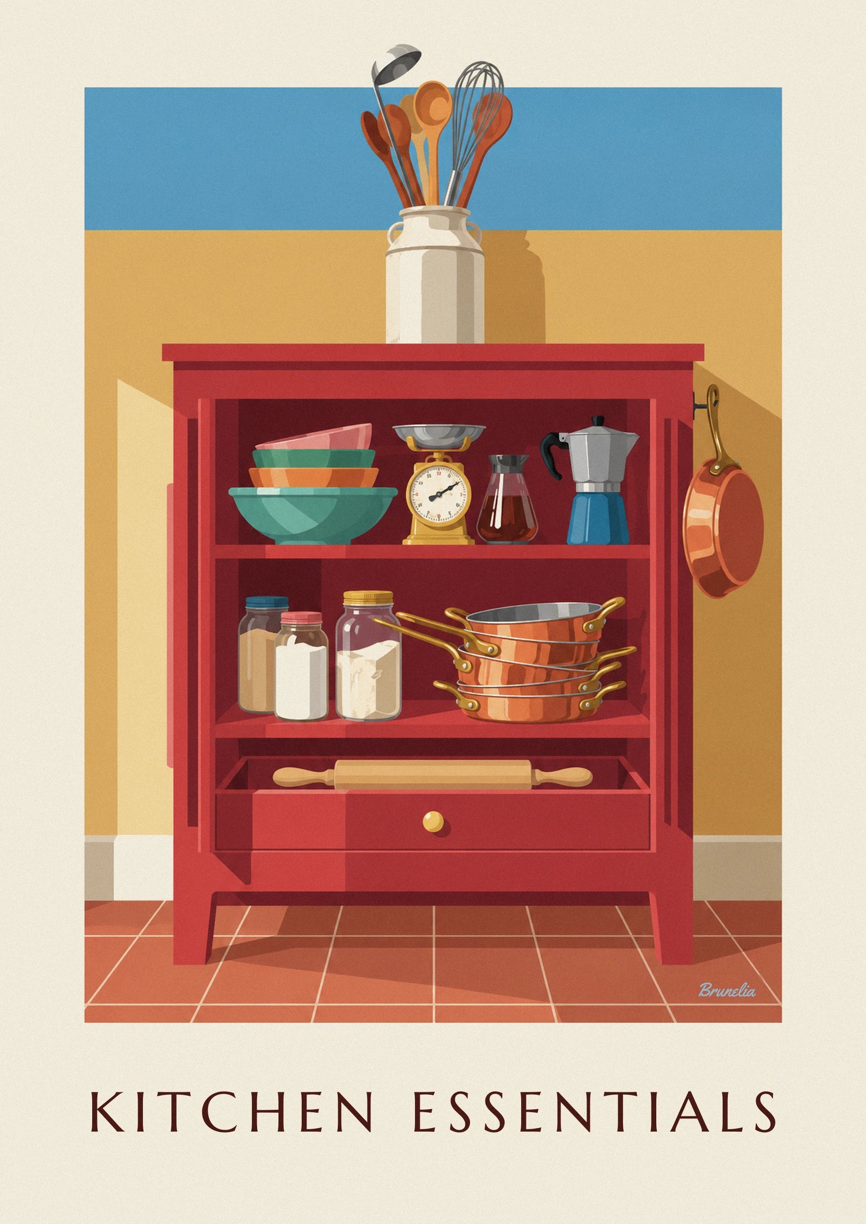 The copper saucepans, colourful bowls and yellow scales in the red kitchen dresser