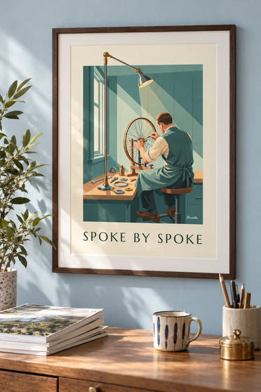 Affiche artisan montant une roue de vélo dans son atelier : encadrée au mur