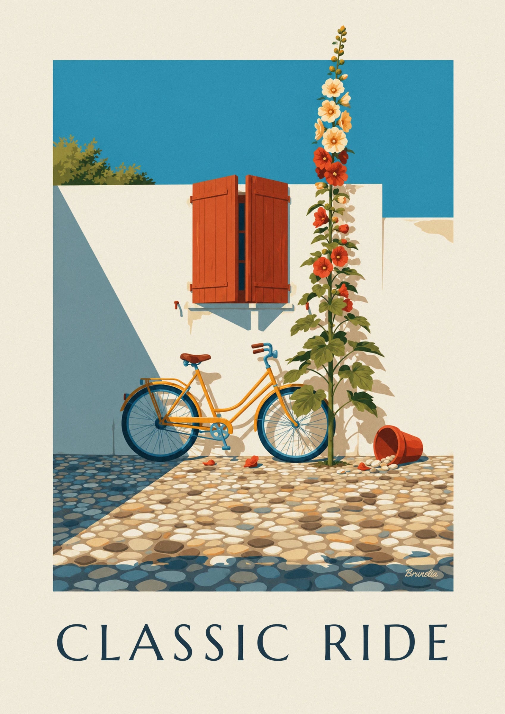 The mustard-yellow bicycle with blue wheels, leaning against the white wall near a hollyhock