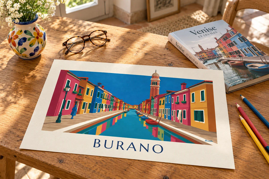 Poster kanaal en kleurrijke huizen van Burano, scheve klokkentoren: op een tafel