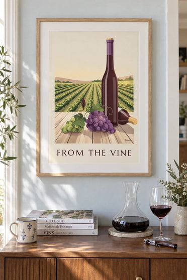 Grape bunches and French wine bottles poster: framed on the wall