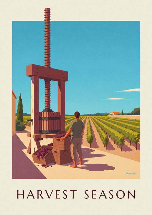 Affiche pressoir à raisin en bois au temps des vendanges : l'affiche entière