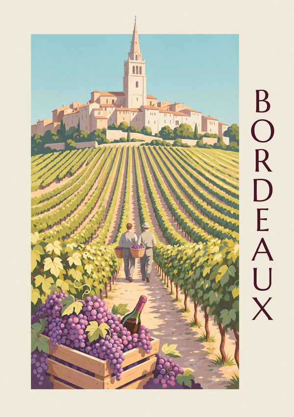 Affiche vendanges à Saint-Émilion, caisse de raisin et vignes dorées