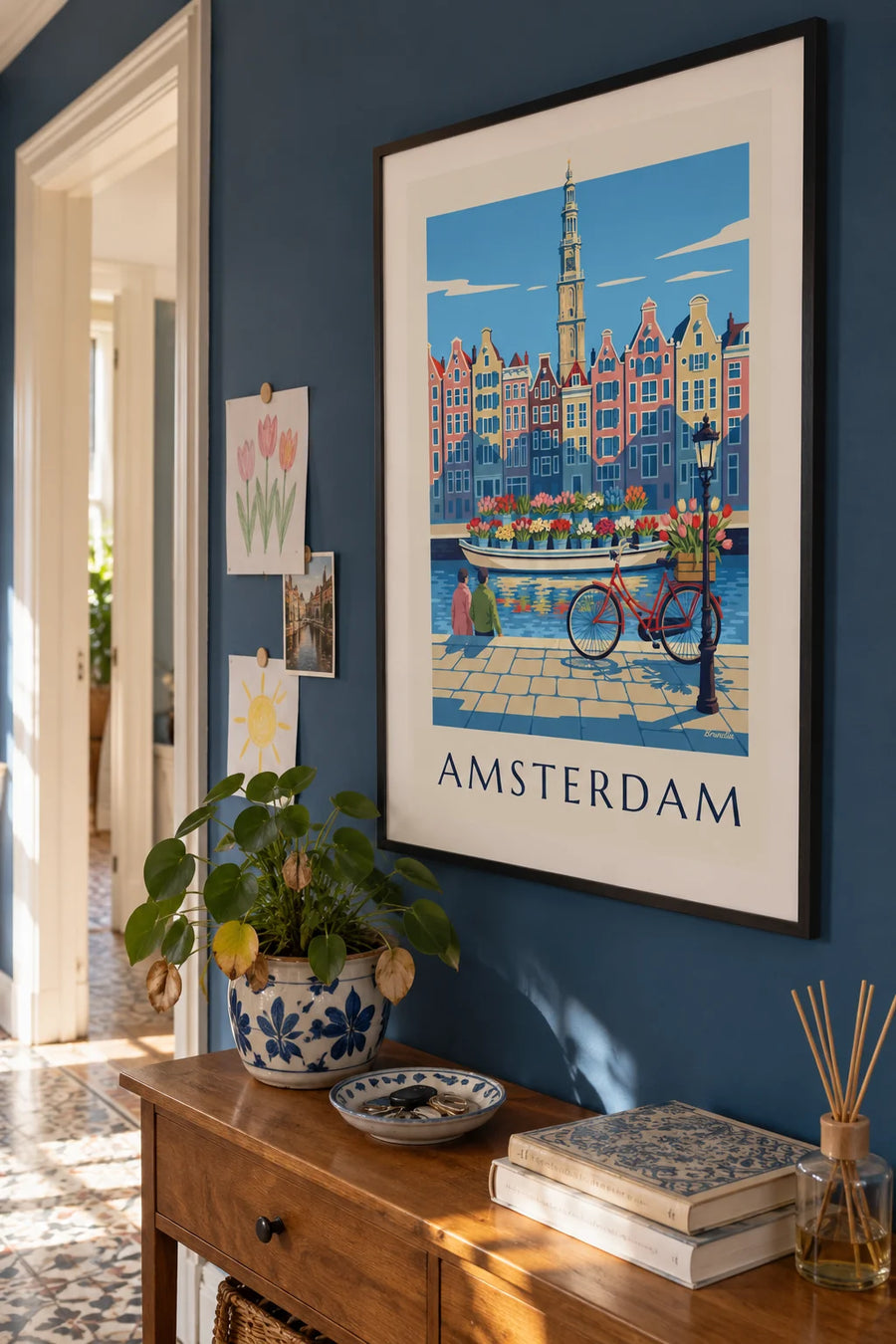 Bicycle and tulips poster at the Amsterdam flower market: framed on the wall