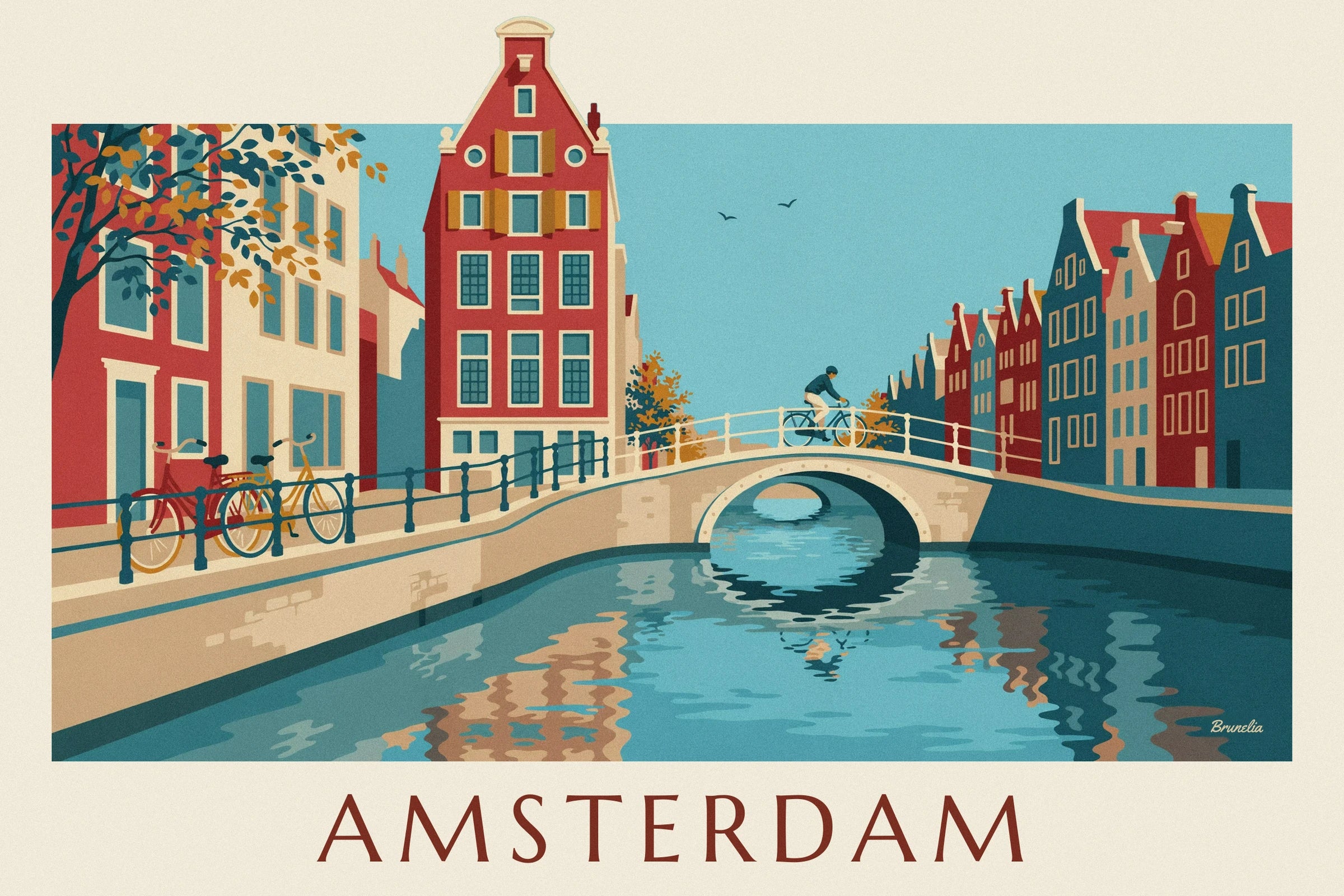 Een hoog rood huis met okerkleurige luiken en een versierde geveltop, achter de reling van de kade