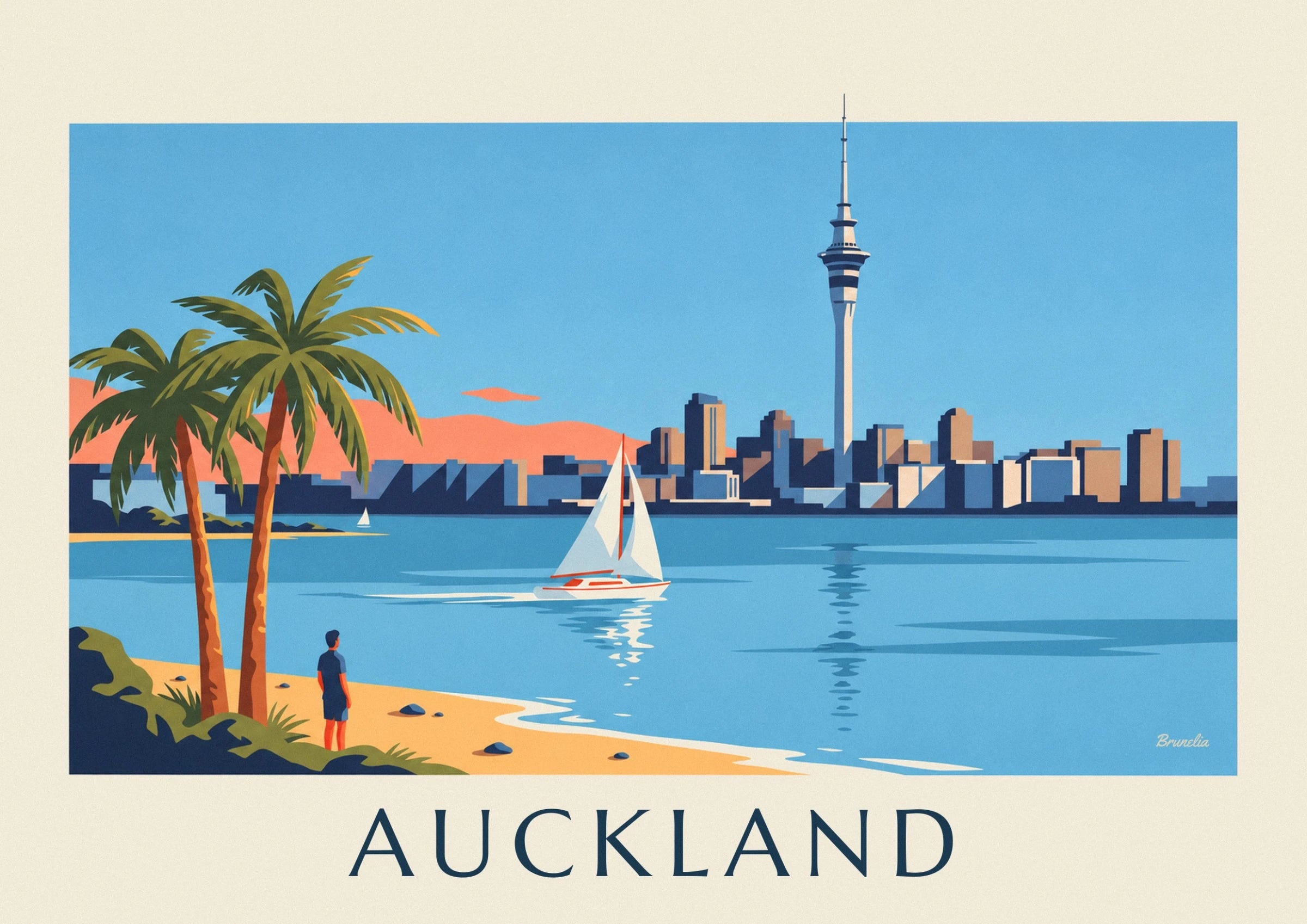 Das Segelboot mit weißen Segeln und seine Spiegelungen im blauen Hafen von Auckland