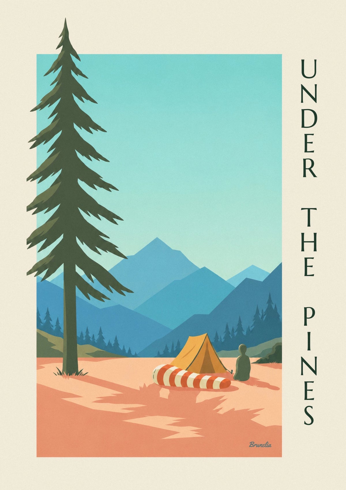 Striped sleeping bag and pine grove tent poster