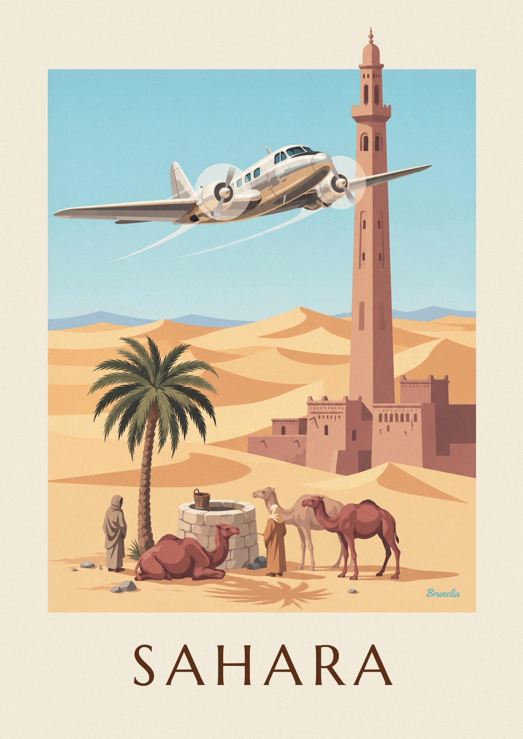 The silver plane above the dunes between a palm tree and a tall ochre tower