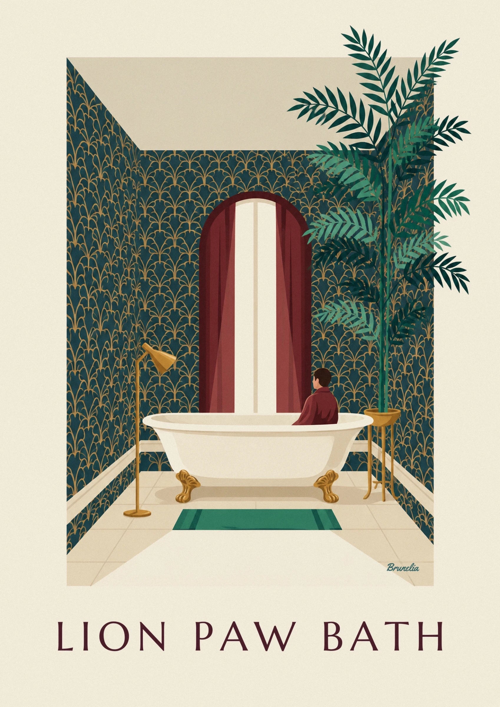 A figure in burgundy in an ivory bath with golden lion's feet