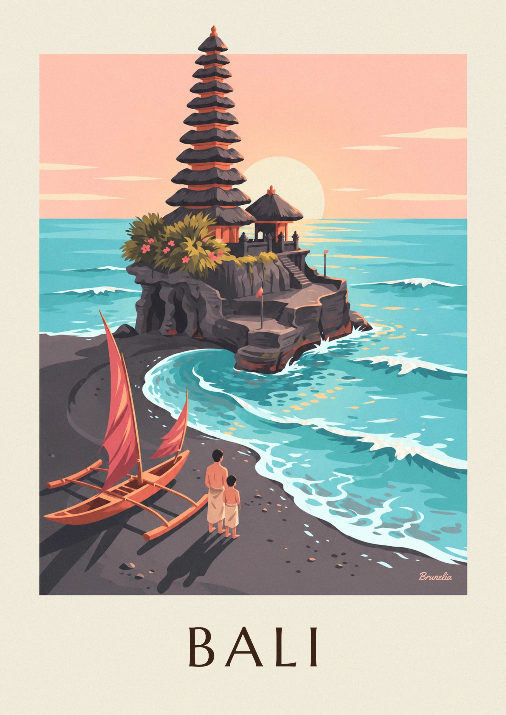 The meru with 9 thatched roofs, its pink flowers and the setting sun over the sea