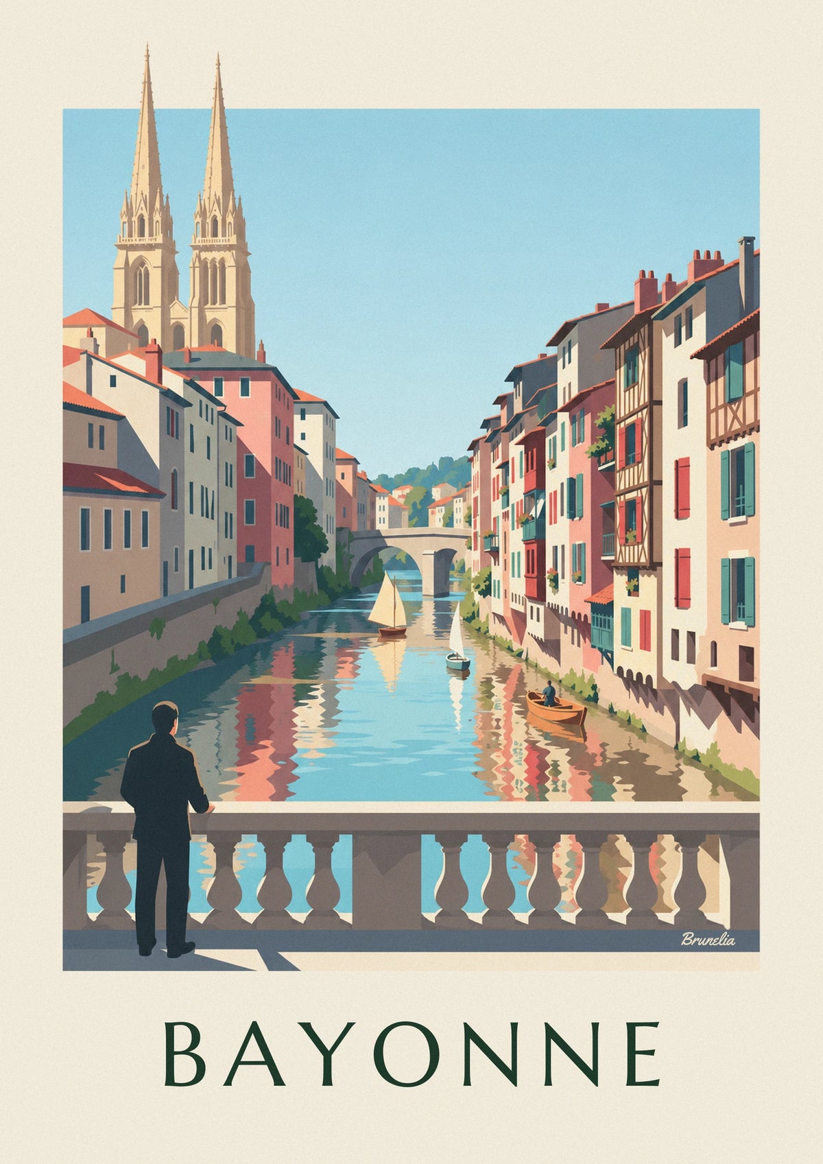 Poster bunte Kais des Petit Bayonne am Ufer der Nive