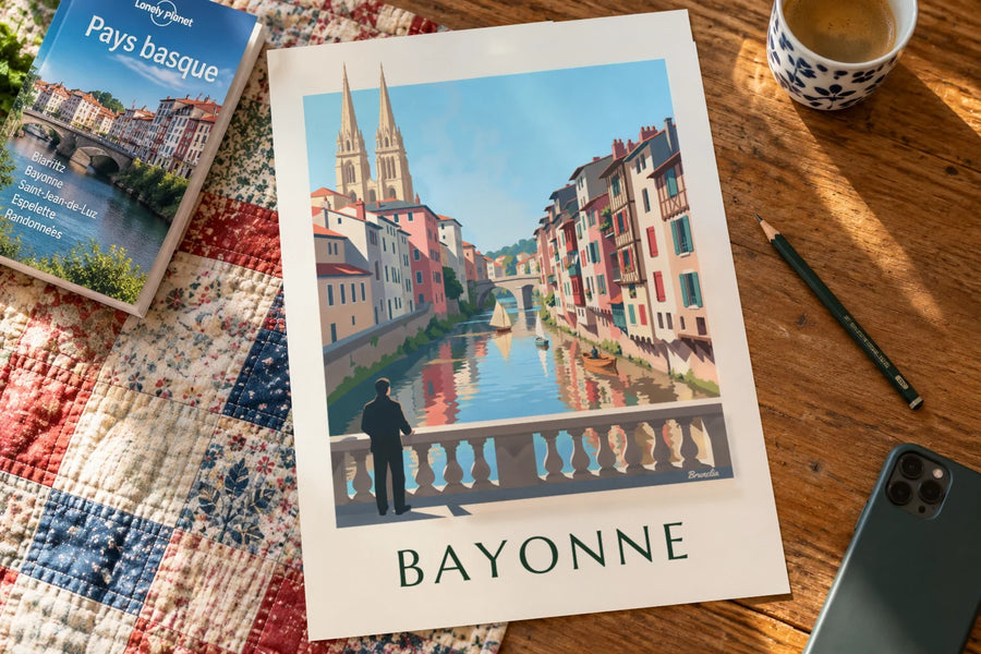 Poster bunte Kais von Petit Bayonne am Ufer der Nive: auf einem Tisch aufgestellt