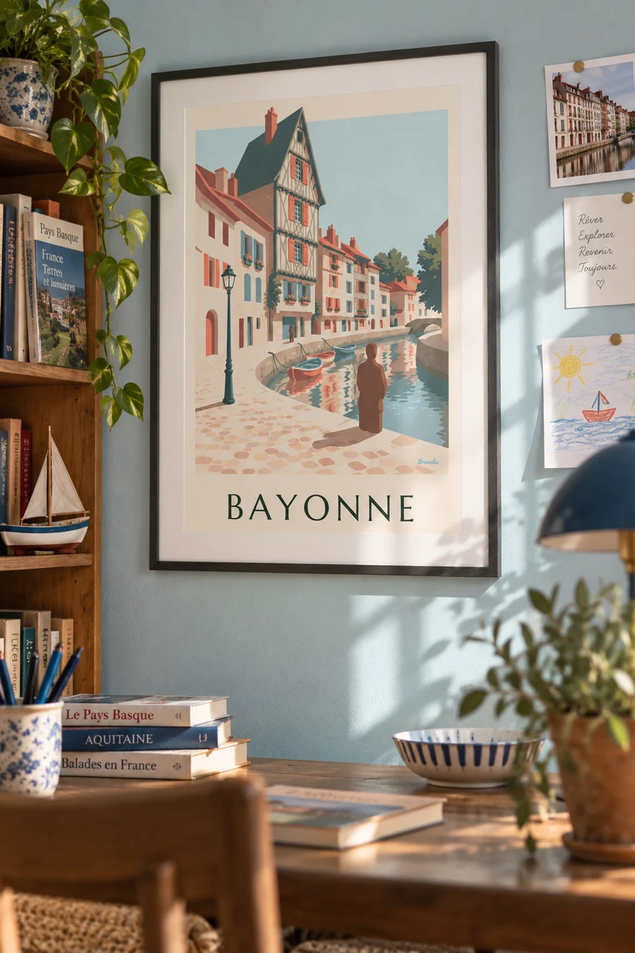 Colorful quays of Petit Bayonne on the banks of the Nive poster: framed on the wall