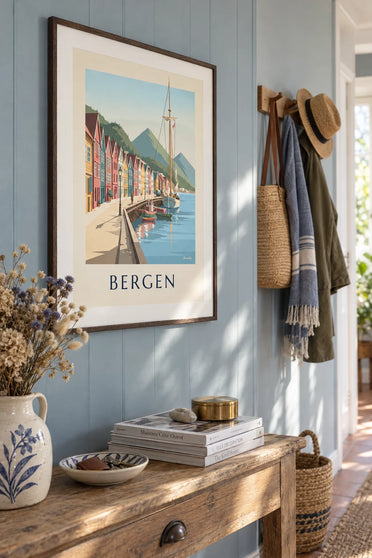 Affiche maisons hanséatiques de Bryggen sur le fjord de Bergen : encadrée au mur