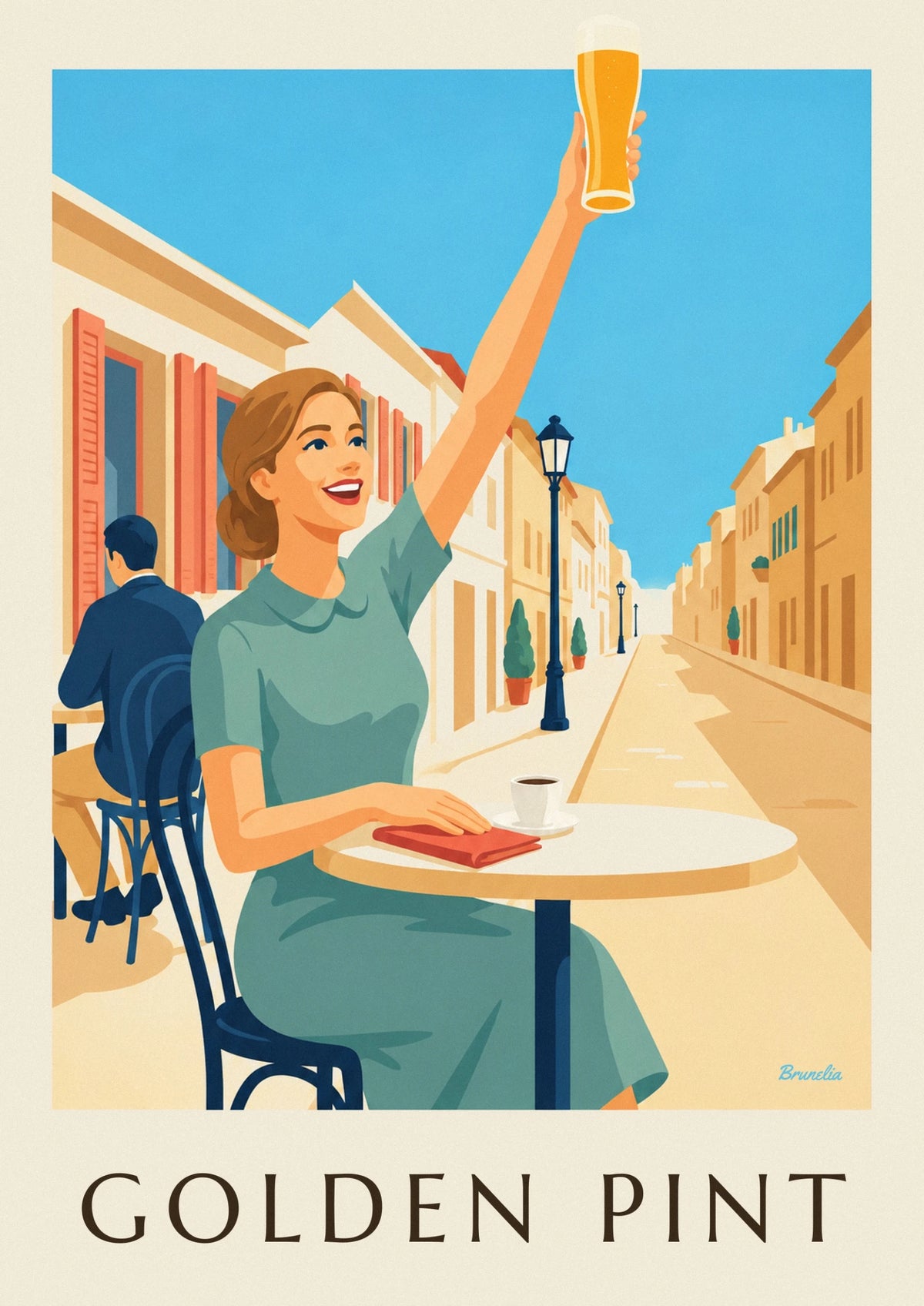Smiling woman raising a terrace beer poster