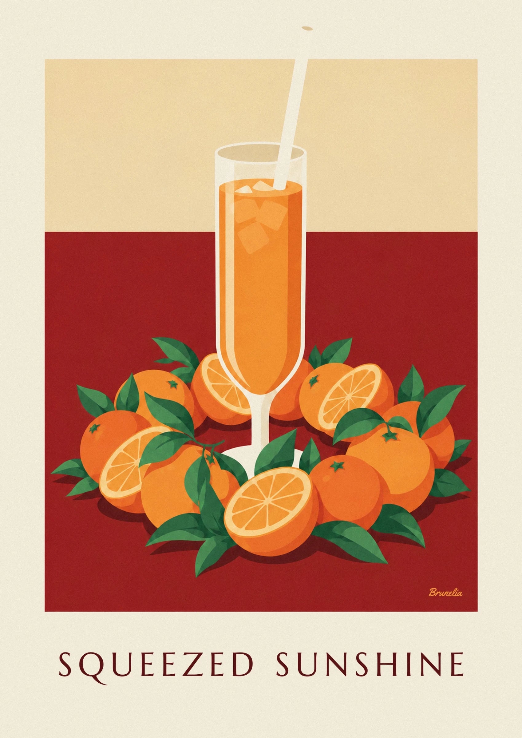 Ein hohes Glas Orangensaft mit Eiswürfeln, umgeben von Orangen und grünen Blättern