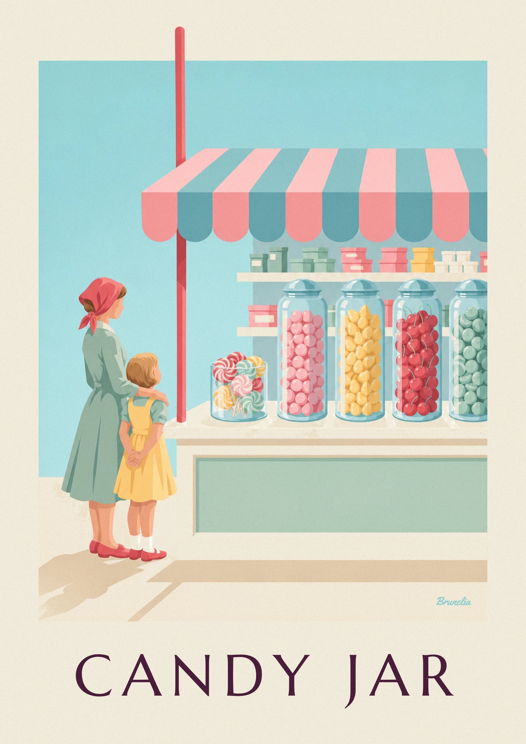 Poster mit Lollis und Bonbongläsern in einem Süßwarenladen: Detail in Nahaufnahme