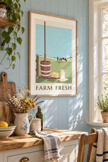 Poster of a wooden butter churn and a block of farmhouse butter: framed on the wall