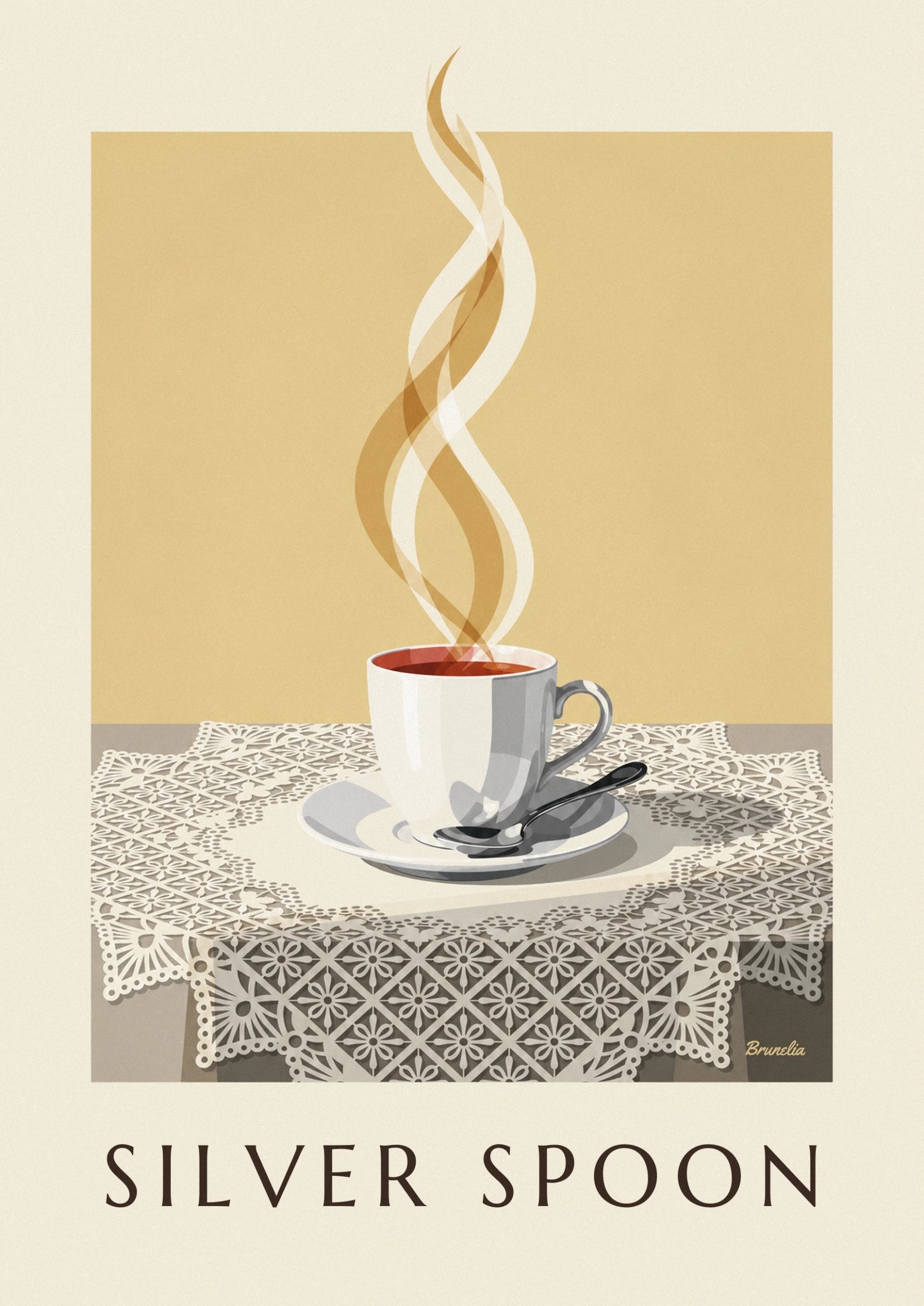 La tasse blanche de café fumant et sa cuillère argentée sur la soucoupe