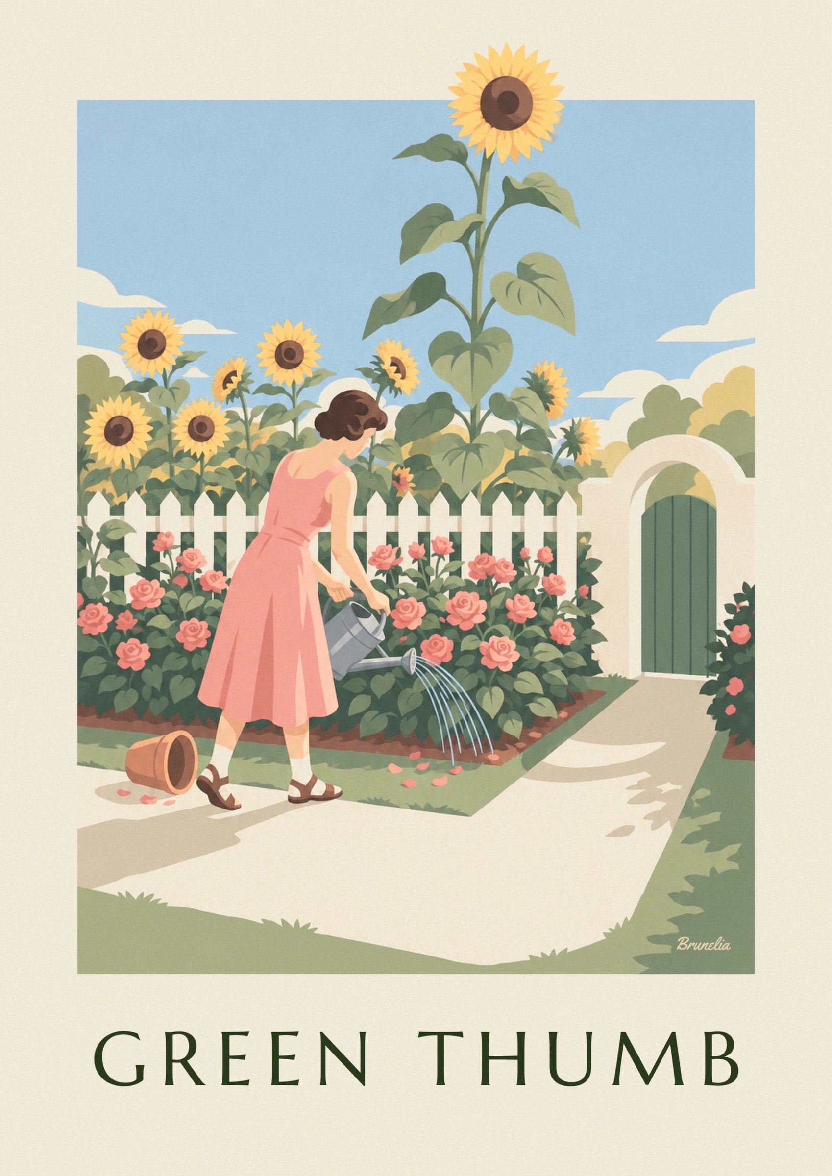 La jardinière en robe rose et son arrosoir gris parmi les rosiers en fleurs